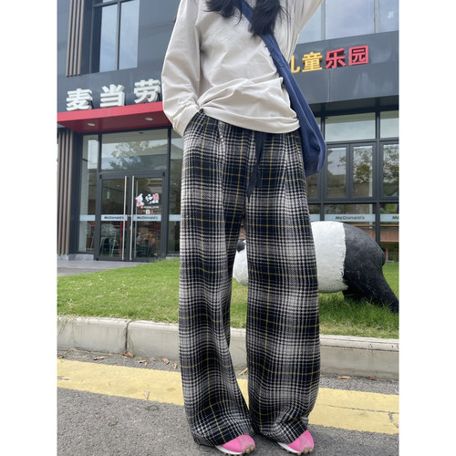 古祖祖 原创复古格子羊毛抽绳小众直筒裤女休闲长裤2026年秋季