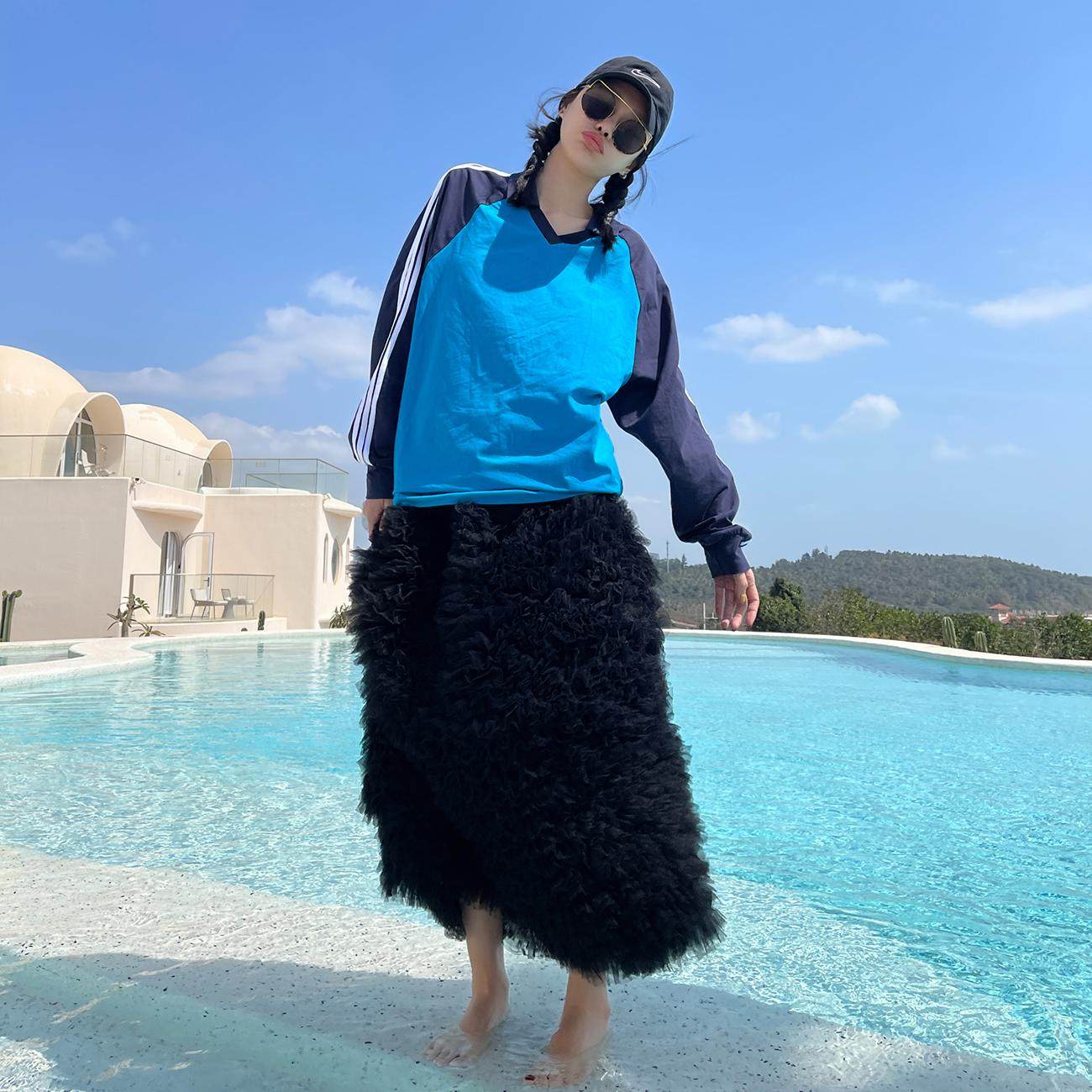 古祖祖 原创休闲运动风蓝色拼接侧条纹插肩袖百搭长袖T恤2025春夏,女装/女士精品,T恤,淘宝优惠券,粉丝福利购,淘宝优惠卷