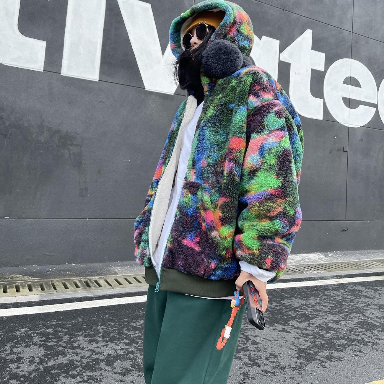 羊毛羔烟花休闲宽松连帽加厚棉衣