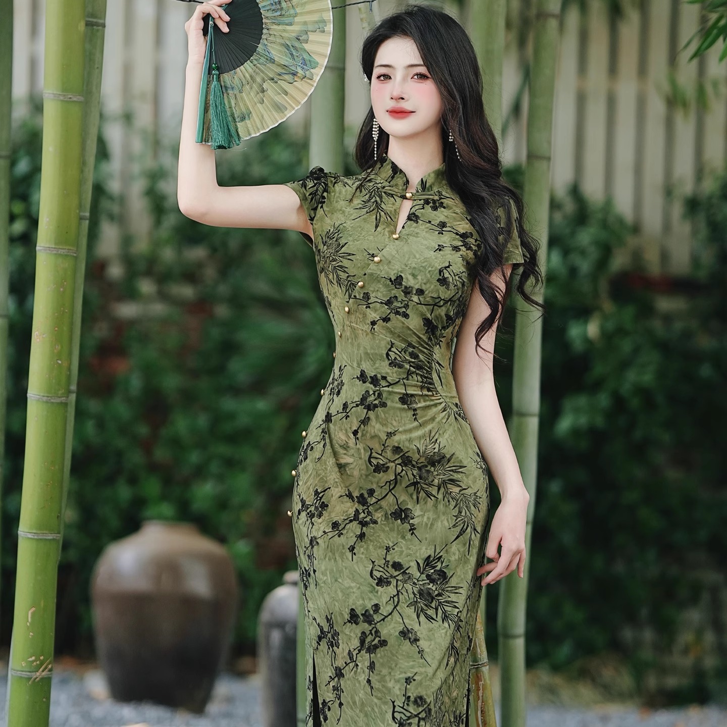 印花旗袍裙开叉仙女碎花连衣裙