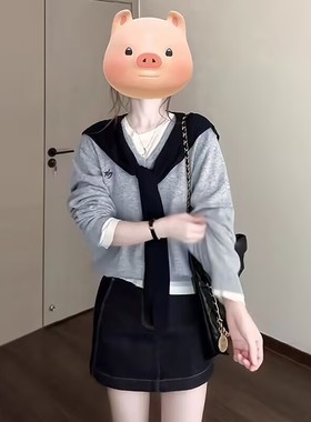 灰色慵懒针织衫卫衣2025秋季学院风气质假两件洋气独特别致上衣女