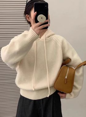 灰色连帽加厚卫衣针织衫女冬季宽松高级感慵懒风显瘦毛衣外套上衣