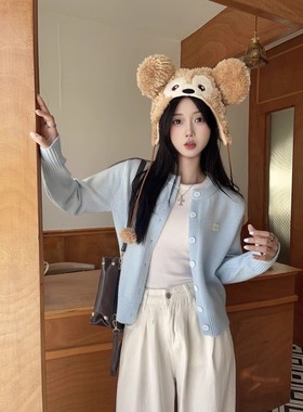 森系浅蓝色针织衫开衫冬季2025新款女装秋冬上衣外搭女士毛衣外套