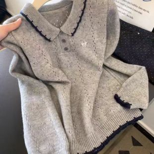 撞色小个子上衣 毛衣女士2025新款 灰色polo翻领镂空刺绣长袖 针织衫