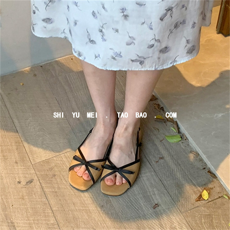 饰与美韩代chic复古鱼嘴凉鞋露趾蝴蝶结低跟后绊带夏季百搭女鞋潮