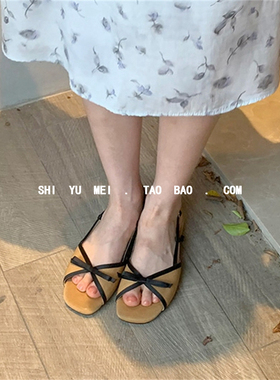 饰与美韩代chic复古鱼嘴凉鞋露趾蝴蝶结低跟后绊带夏季百搭女鞋潮
