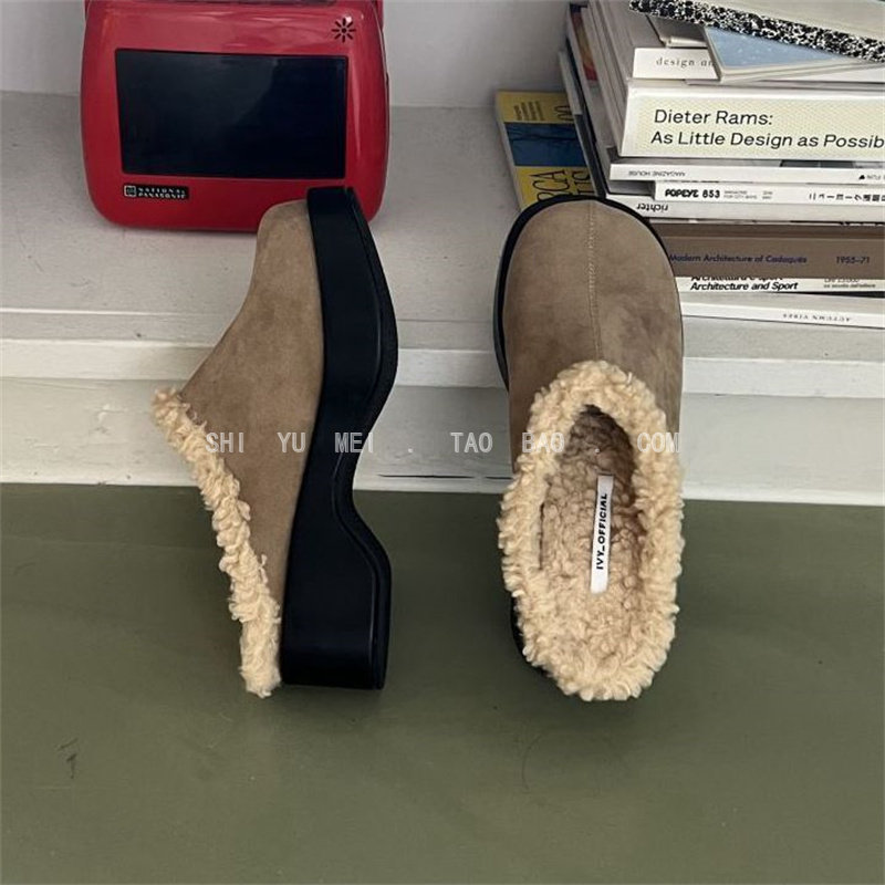 饰与美韩国东大门冬季新款棉鞋圆头厚底加绒保暖外穿包头半拖鞋女