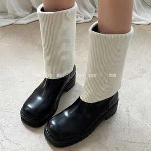 饰与美韩国东大门秋冬新款 管套筒中靴子女 圆头方跟拼接针织两穿裤
