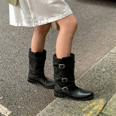 饰与美韩国东大门秋冬新款 圆头方跟皮带扣饰黑色小众百搭中筒靴女