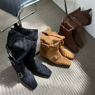 韩国东大门秋冬新款方头内增高皮带扣饰翻边两穿百搭西部中筒靴女