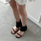 饰与美韩国东大门新款 一字带露趾低跟褶皱布面小众设计感夏季 凉靴