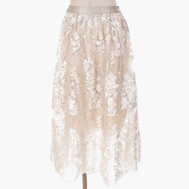 AX优雅甜美蕾丝华丽刺绣花朵松紧腰围半身A字中长裙女装