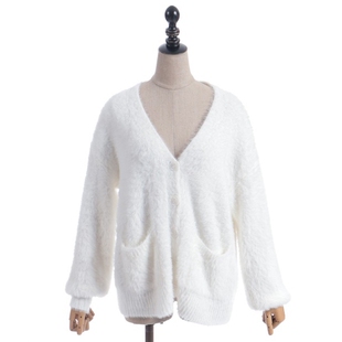 优雅甜美百搭V领仿水貂绒软绵长袖外套纯色白色黑色开衫女装