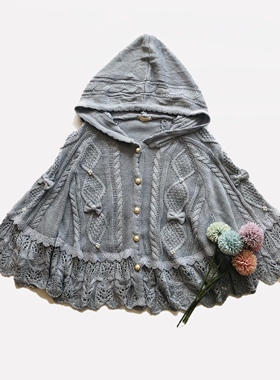 日单AX深蓝色蝴蝶结蕾丝花边薄款花边遮肉显瘦外套开衫斗篷