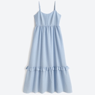 GR甜美百搭小格子高腰线背面弹性减龄可爱A字吊带连衣裙日系女装