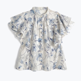 GR春夏新款优雅碎花小飞袖短袖衬衫清爽上衣日系女装