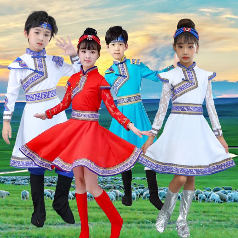 儿童蒙古舞蹈服火红萨日朗演出服