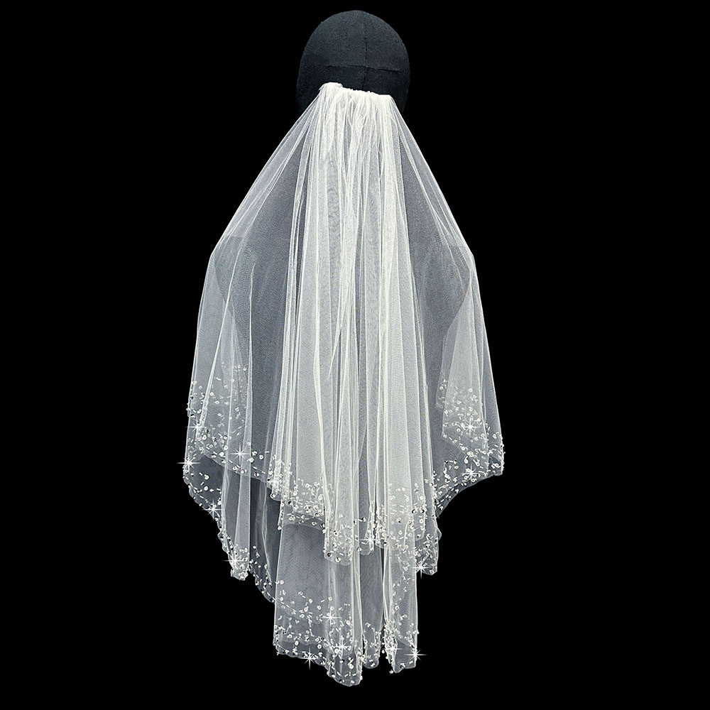 新款新娘结婚主婚纱头纱纯手工双层亮片头纱头饰领证登记网红拍照