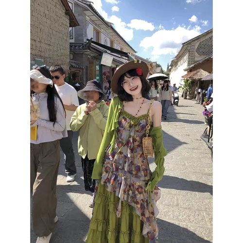 ALITTLE 乱糟糟“绿野玫瑰岛”油画风层层叠叠碎花长裙三件套