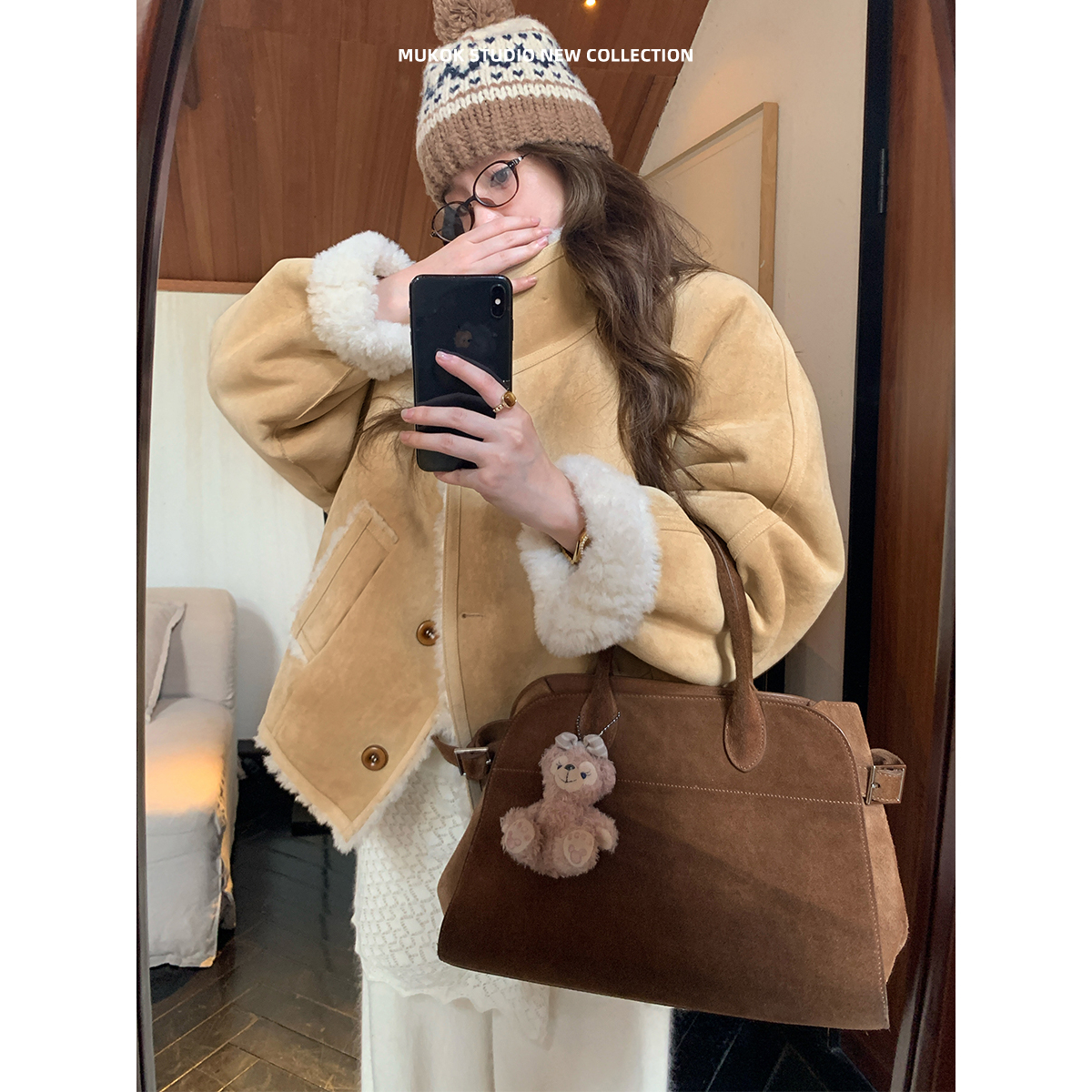 MUKOK 秀场廓形撞色皮毛一体环保加厚羊羔毛短外套