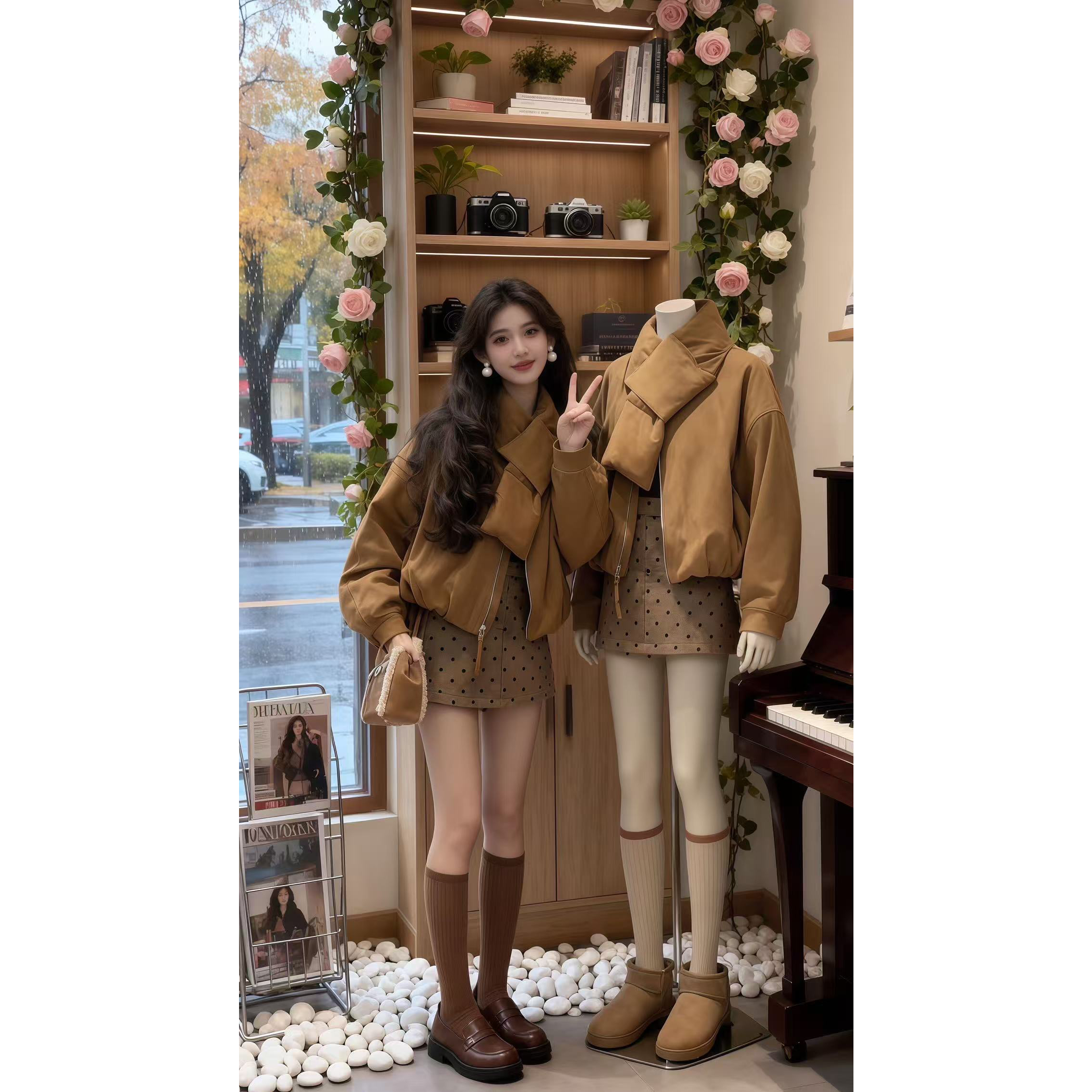 冬季穿搭一整套高级感韩系气质宽松加厚棉服短外套显瘦半身裙套装