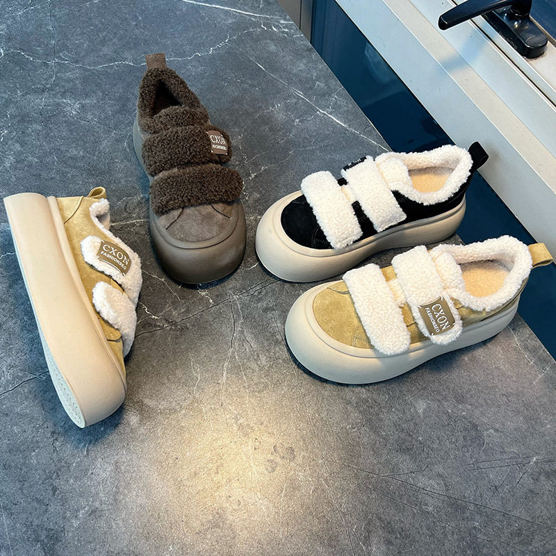 真皮小白鞋女2025冬季新款加绒保暖魔术贴女鞋休闲百搭厚底板鞋女