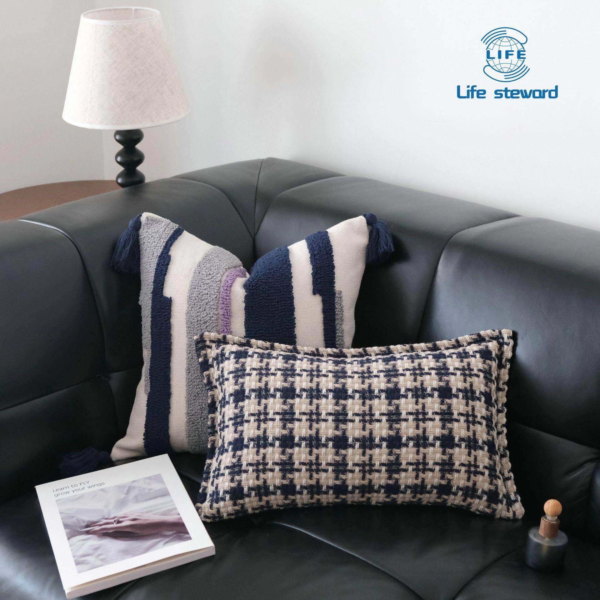 深蓝色针织压边抱枕千鸟格腰枕靠垫靠枕地中海风 cushion cover