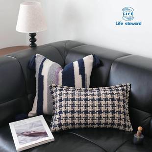 深蓝色针织压边抱枕千鸟格腰枕靠垫靠枕地中海风 cover cushion