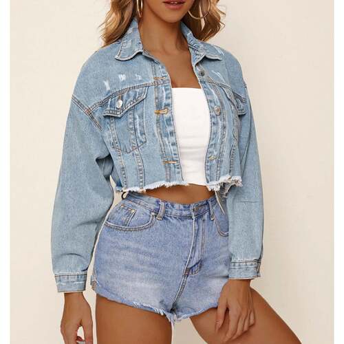 Autumn Women Denim Cropped Jacket Female Pockets Jean Jacket