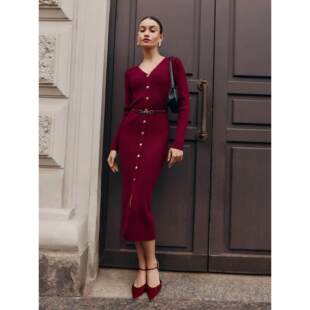 Dress Knitted neck 针织连衣裙女 性感V领长袖 纽扣修身 欧美新款
