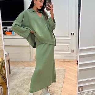 翻领针织套头衫 sweater 毛衣修身 女Knitted set 长裙套装 欧美新款