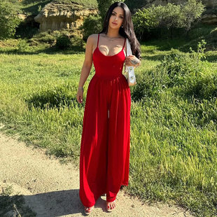 back 吊带宽松连体裤 camisole jumpsuit露背修身 女 loose Open