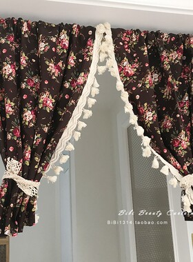 乡村拉菲庄园玫瑰蕾丝复古花卉窗帘风水门帘半帘穿杆挂钩魔术贴定