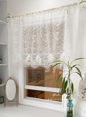 法式蕾丝网眼纱波浪纹珍珠花边小门帘小窗帘小半帘装饰帘成品定制