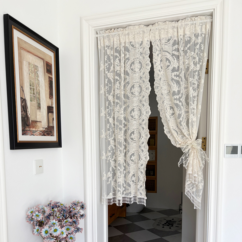免打孔双开蕾丝珍珠绣花门帘