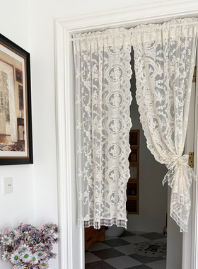 免打孔新品双开蕾丝珍珠吊坠高端棉绳绣花卫生间门帘玻璃遮挡帘