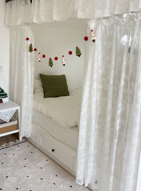 儿童房双层床大学生床帘玫瑰蕾丝网纱蚊帐免打孔白色高级感