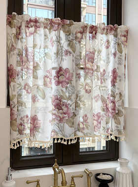 复古田园厨房小窗印花纱半帘-明媚大花纱装饰遮挡门窗帘小半帘