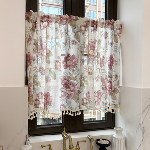 复古田园厨房小窗印花纱半帘-明媚大花纱装饰遮挡门窗帘小半帘