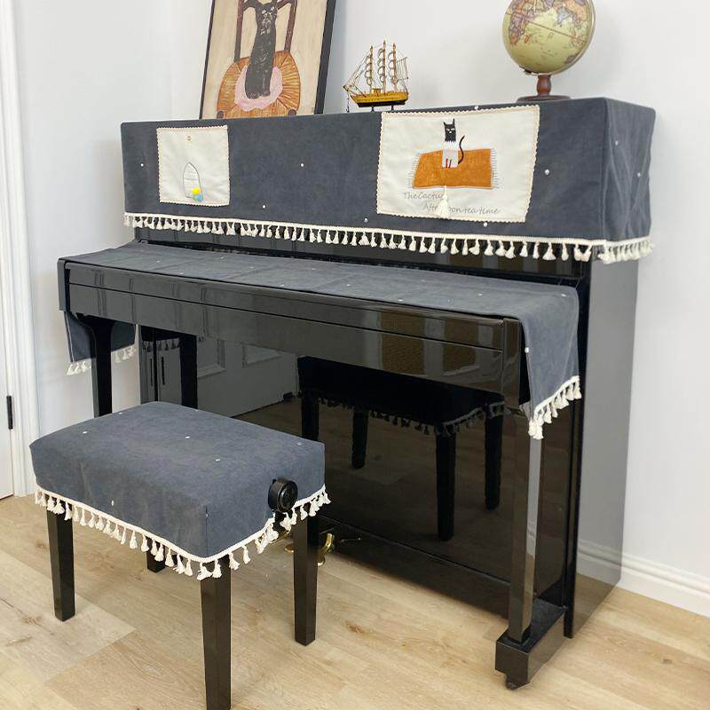 马小萌新品黑灰色环保奶油丝星光绣花卡通猫立式防尘钢琴罩半罩