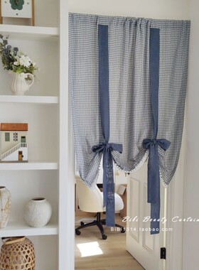 免打孔新品田园风棉麻蓝白格提拉帘小窗帘遮挡帘门帘升降帘罗马帘