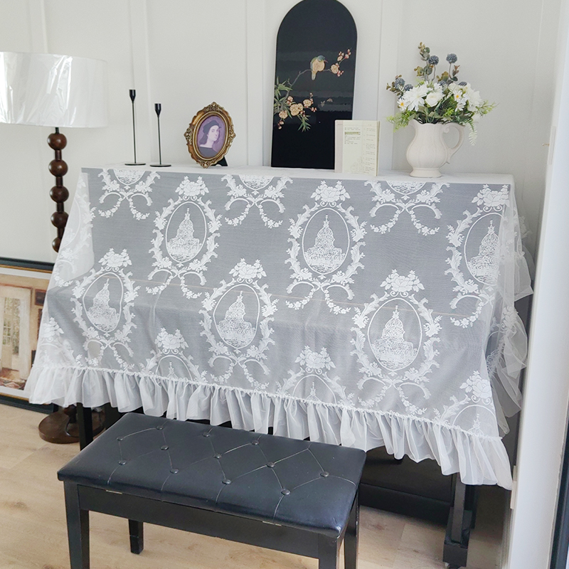 法式甜美钢琴罩钢琴桌布纯白经编纱蕾丝钢琴盖巾