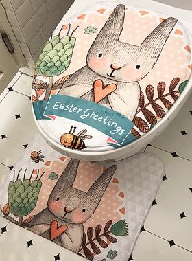 新品日式手绘风卡通兔子冬季厚棉绒马桶套可爱脚垫马桶盖坐便套装