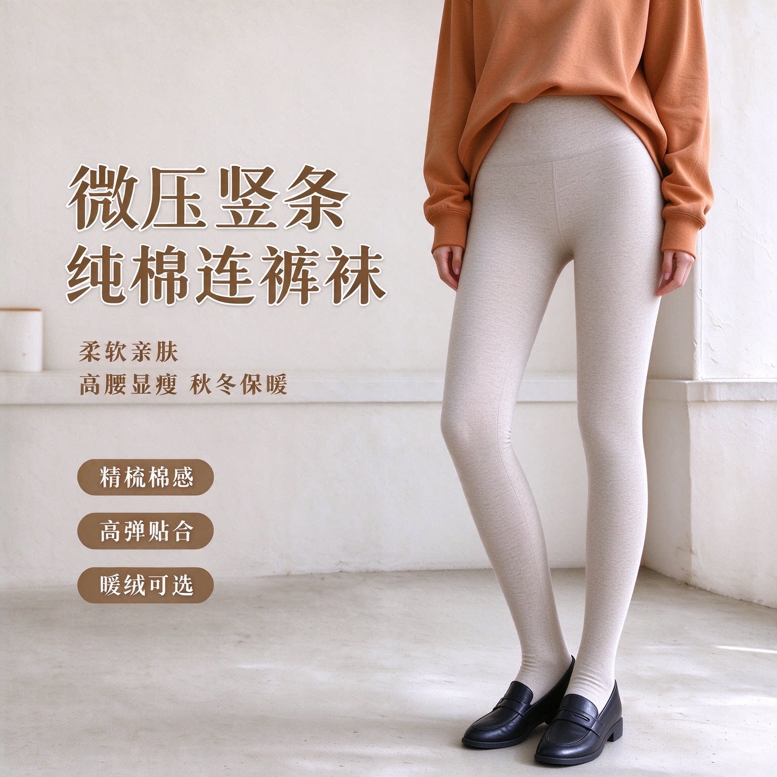 大码加厚竖纹白色打底裤九分连袜
