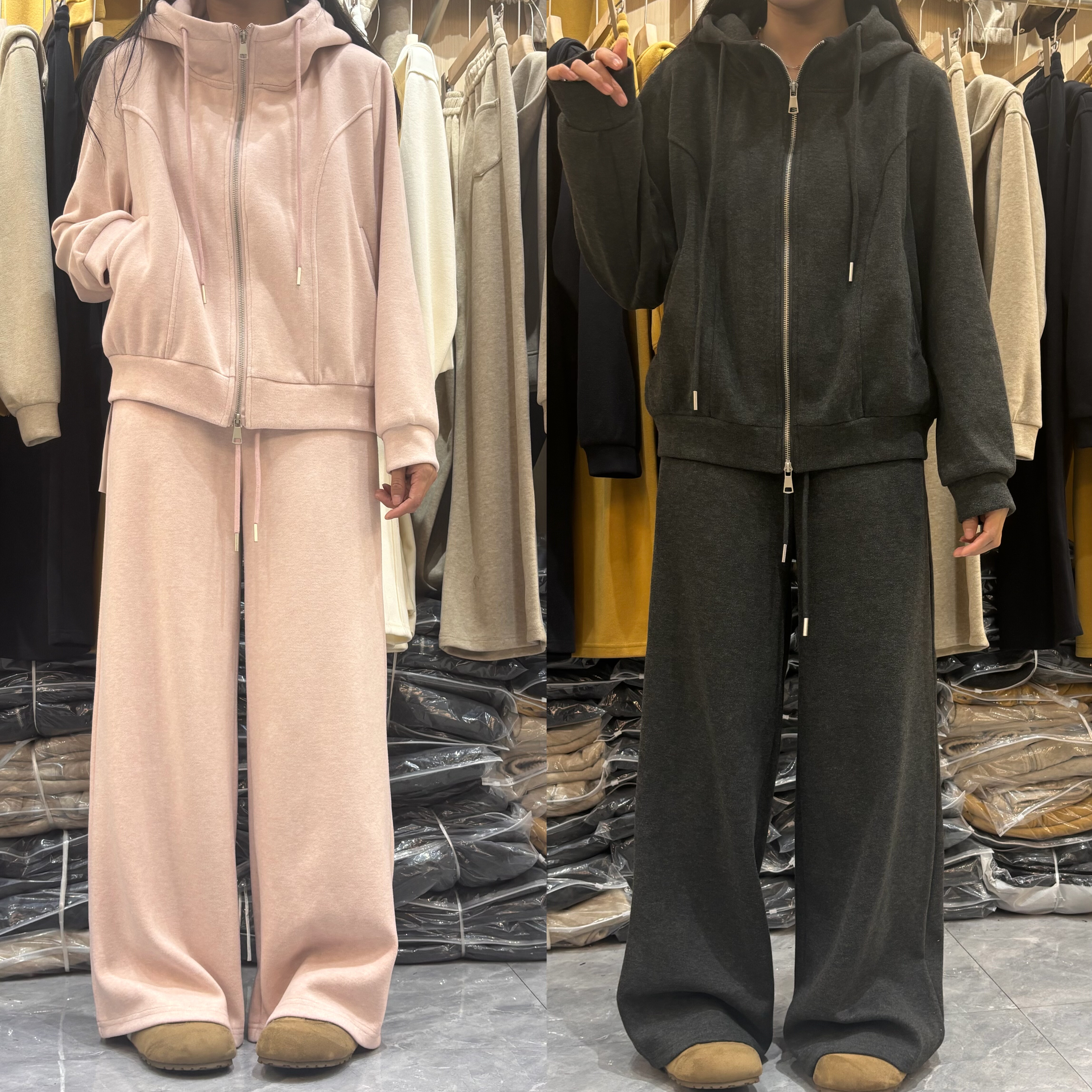 韩系拉链连帽糯米绒卫衣两件套女秋冬直筒阔腿裤加厚加绒运动套装