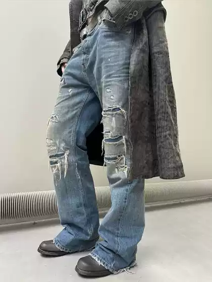 No Faith Studios Washed Distressed Patchwork Splatter Boro Italian Thread Flared Jeans
