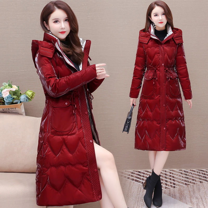 亮面炫彩中长款加厚棉袄过膝外套