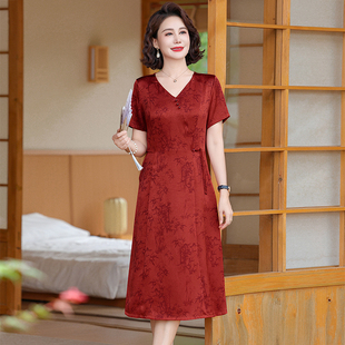 气质妈妈夏装短袖连衣裙洋气2025新款中老年女装遮肚显瘦裙子