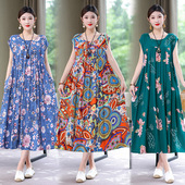 薄款 中老年妈妈棉绸连衣裙大码 宽松遮肚女装 夏季 时尚 洋气休闲裙子