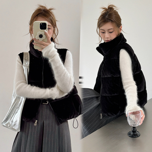 韩版金丝绒加厚立领无袖短外套冬季2026新款小个子马夹棉衣棉服女